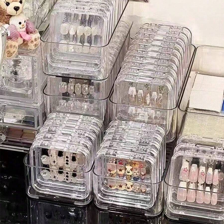 Nail Art Wearable Nail Storage Box With Lid, Dust-Proof, Stackable, Transparent Storage Box For Nail Tips, Large Capacity, Elegant Display Box, Desktop Storage Box - Clear - View 1