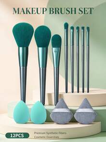 12pcs Professional Makeup Brush Set Foundation Brush Powder Brush Highlighter Brush Blush Brush Eyeshadow Brush With Makeup Sponge Triangular Powder Puff Complete Makeup Tools Beginner Essential - Green - View 1