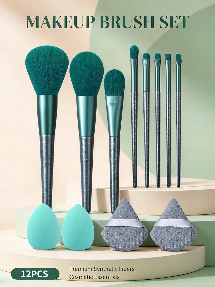 12pcs Professional Makeup Brush Set Foundation Brush Powder Brush Highlighter Brush Blush Brush Eyeshadow Brush With Makeup Sponge Triangular Powder Puff Complete Makeup Tools Beginner Essential - Green - View 1