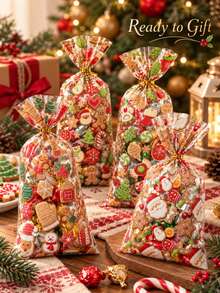 48pcs Reusable Christmas Gift Bags With Gold Twisted Rope, 4 Random Holiday Prints, Santa Claus And Gingerbread Man Candy Gift Bags, Suitable For Christmas Party Favors, Cookie Packaging And Holiday Gatherings - Multicolor - View 5