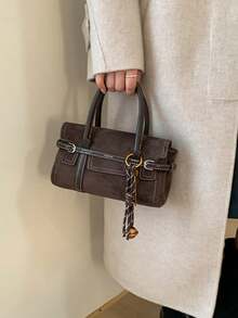 Handbag With Square Small Body, Paired With Double Short Handles, Decorated With Leather Straps And Metal Rings, Hanging Key Bell Shaped Charm, Comes With Detachable Long Shoulder Strap. Can Store Phone, Lipstick And Other Personal Items Inside, Two Carrying Ways: Handheld And Crossbody, Vintage Cargo Style Style, Suitable For Daily Outings - Coffee Brown - View 4