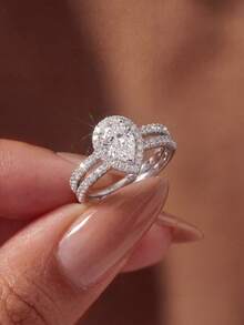 2pcs/Set Single Pear-Shaped Diamond Ring, Shiny Luxury Women's Promise Ring, Suitable For Wedding, Party And Other Occasions - Silver - View 4