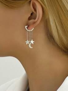 1 Pair Minimalist Metal Star & Moon Tassel Long Earrings For Women, Daily Commute, Date, Vacation, Atmospheric Jewelry - Multicolor - View 4