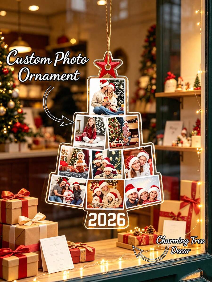 Personalized Family Photo Christmas Tree Ornament - Customized Name & Year Photo Frame, 2025 Edition Acrylic Keepsake, With Hanging Ring, Photo Display, Annual Holiday Decor Commemorative Gift, 2D Flat - Multicolor - View 1