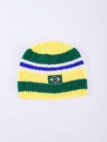 1pc Men's Fashion Brazil Flag Striped Handmade Crochet Knit Beanie Hat, Warm Woolen Cap For Autumn/Winter Daily Wear And Outfits - A - View 3