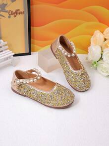 Children's Daily Wear Faux Pearl Decorated Fashion Casual Flat Shoes - Gold - View 1