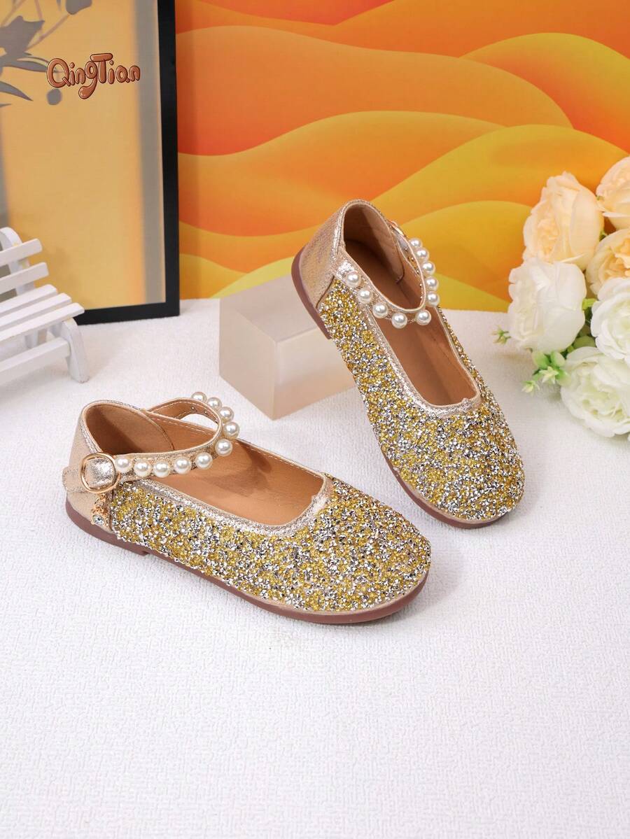 Children's Daily Wear Faux Pearl Decorated Fashion Casual Flat Shoes - Gold - View 1