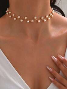 imoli 1pc French Elegant Resin Geometric Line & Pearl Necklace, Suitable As Jewelry Gift For Women - 5634-g - View 2