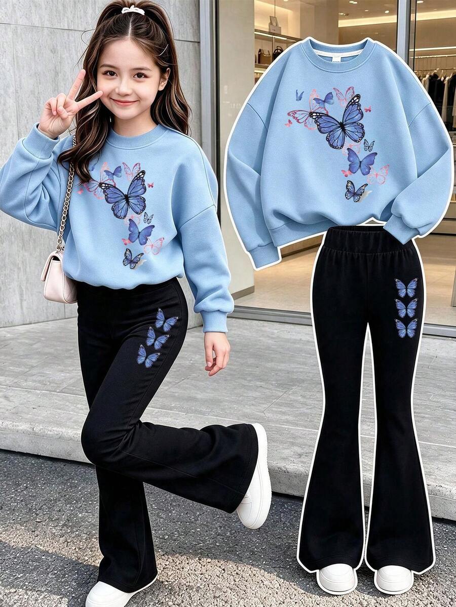 Teen GirlCasual Butterfly Print Crew Neck Sweatshirt And Flare Pants 2-Piece Set, Autumn Winter Outfit, Campus Style, Homecoming Wear - Baby Blue - View 1