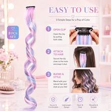 8 PCS Pastel Blue Purple Ombre Clip-In Hair Extensions, 22 Inch Straight & Curly Synthetic Hair Strands, Colorful Clip-On Hair Pieces For Women, Y2K Style For Party, Halloween Cosplay, Music Festival - Multicolor - View 4