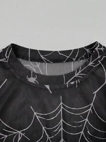 Women's Spider Web Print Mesh Long Sleeve Top, Round Neck Sheer Slim Fit Blouse, Ruffle Cuffs Gothic Y2K Halloween Street Style Blouse - Multicolor - View 7