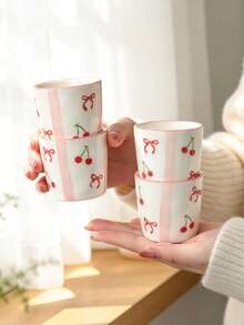 1pc/2pcs/4pcs Korean Ins Style Cute Hand-Painted Mini Ceramic Cups, Fresh Strawberry Cherry Heart Flower Small Coffee Cups, Kawaii Porcelain Tea Cups For Home Kitchen, Girls Gift, Microwave , Espresso Cups - Multicolor - View 3