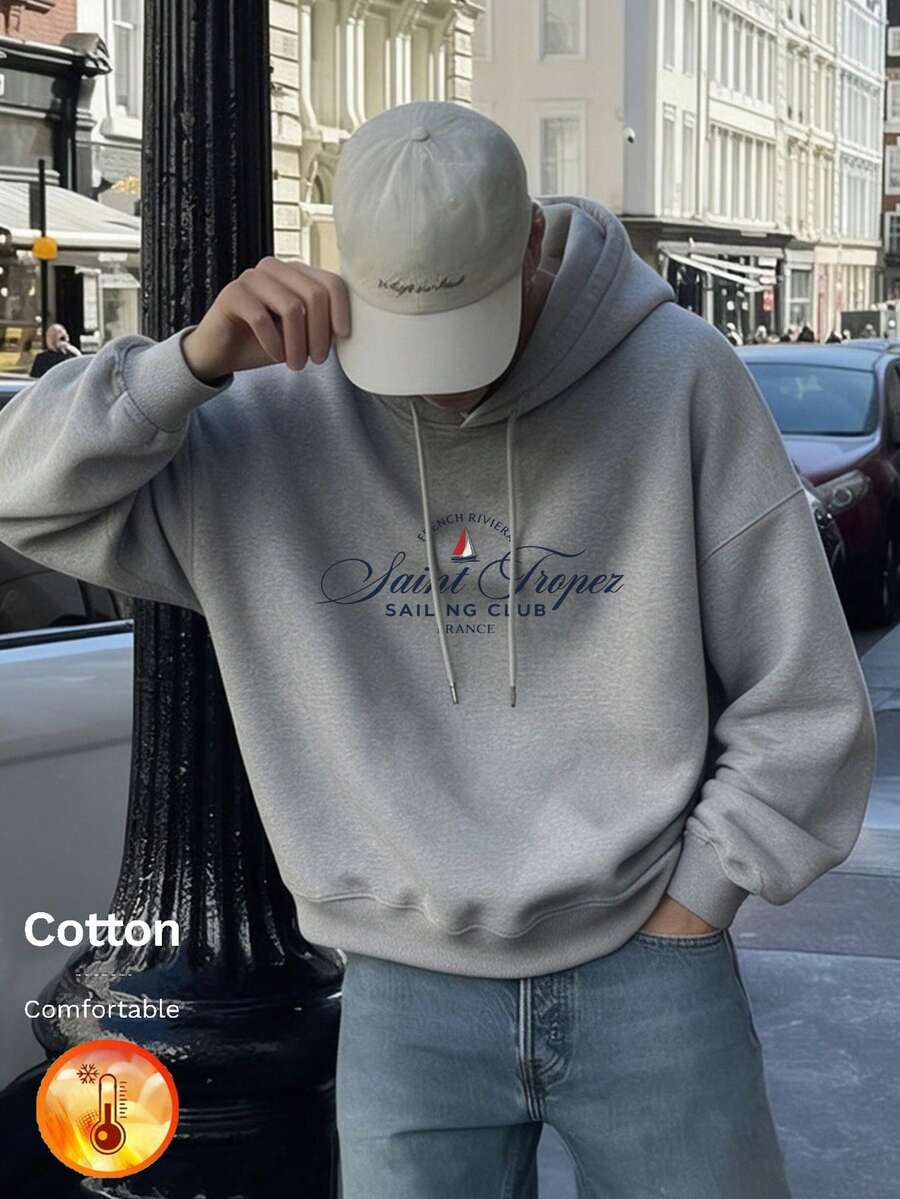كنزة صوفية بغطاء رأس للرجال، طباعة نادي سانت تروبيز للإبحار فرنسا & قارب الإبحار، أسلوب Y2K، خريف/شتاء - زهرة رمادية - مشاهدة 1