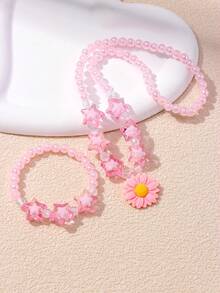 2Pcs Girls Flower Beaded Necklace Bracelet Set Random Color Kids Birthday Party Gift - Multicolor - View 13
