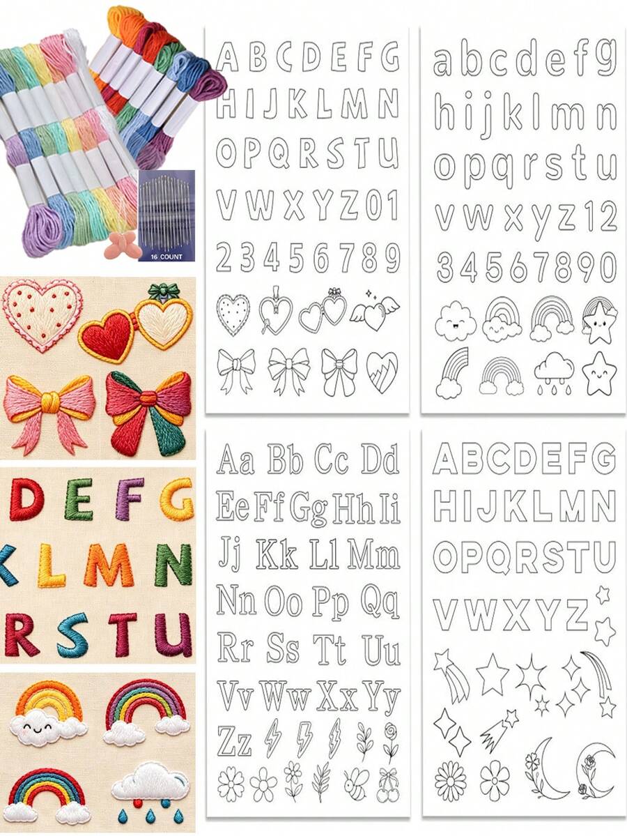 Water-Soluble Embroidery Stabilizer With Letters And Numbers - Pre-Printed ABC Letters, 0-9 Numbers And Icon Designs - Adhesive Embroidery Paper, Suitable For Handmade Sewing Enthusiasts