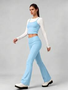 3 Pieces Fitness Set, High-Waisted Flare Yoga Pants With 2-In-1 Long Sleeve Cropped Top, Workout Outfit - Blue and White - View 9
