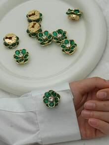 1/2/3pcs Vintage Emerald Green Camellia Flower No-Sew Clip Buckle, Shirt Collar Anti-Exposure Button, Rhinestone Flower Detachable Decorative Buckle - Multicolor - View 10