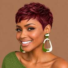 1B Black, 99J Burgundy, 4# Brown Colorful Brazilian Human Hair Short Pixel Wig, Suitable For Daily Fashion Layered Short Hair With Bangs, No Front Band, Ready-To-Wear Human Hair Wig - Multicolor - View 14