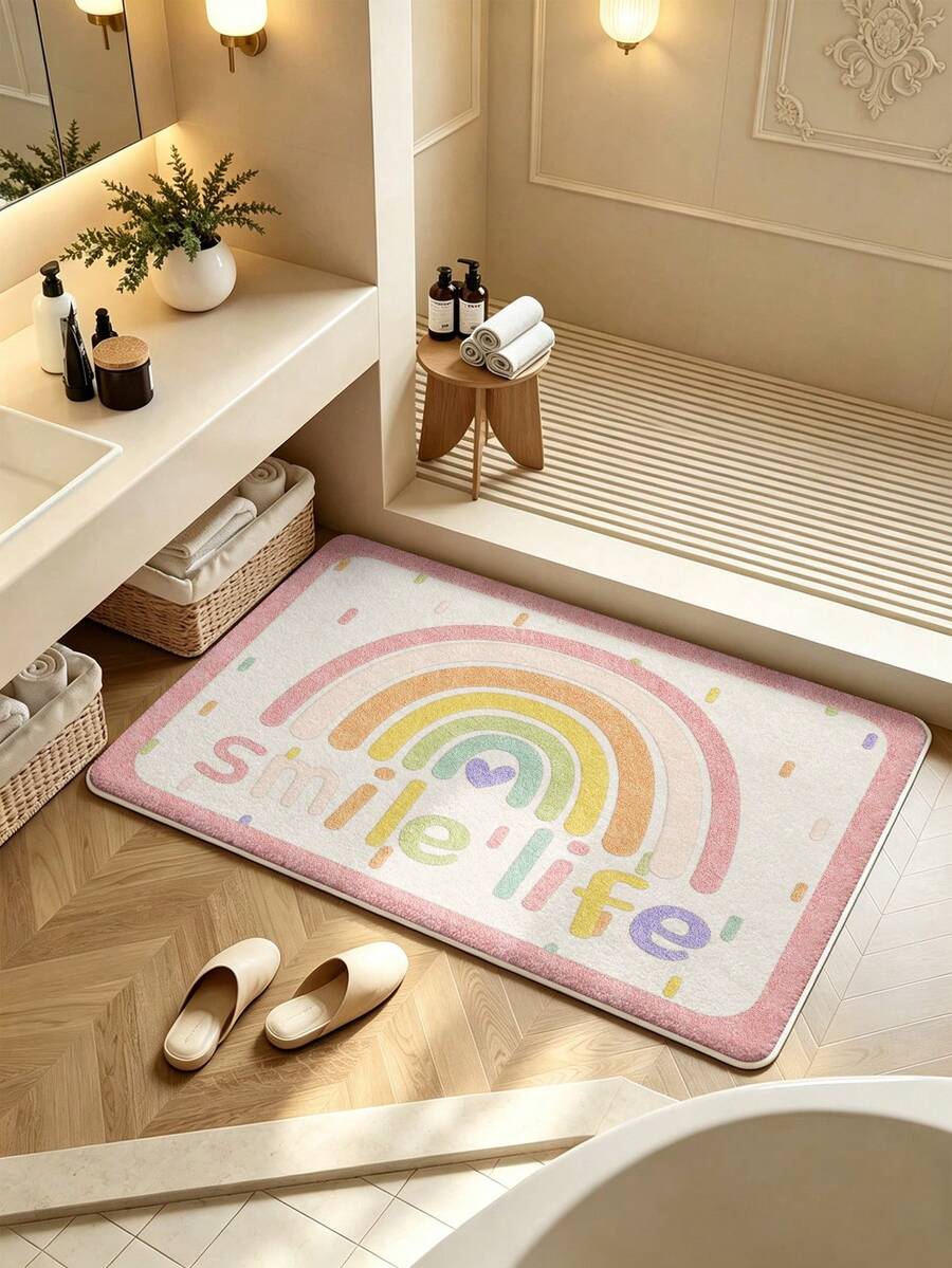 SANJIANGDI 1pc Creamy-Style Cartoon Rainbow Kitchen Mat, 0.6mm Faux Cashmere Material, Soft And Machine Washable, Suitable For Kitchen, Hallway, Bathroom, Living Room, Outdoor Entrance, And Toilet, Usable Year-Round And Adaptable To Various Occasions. - Multicolor - View 1