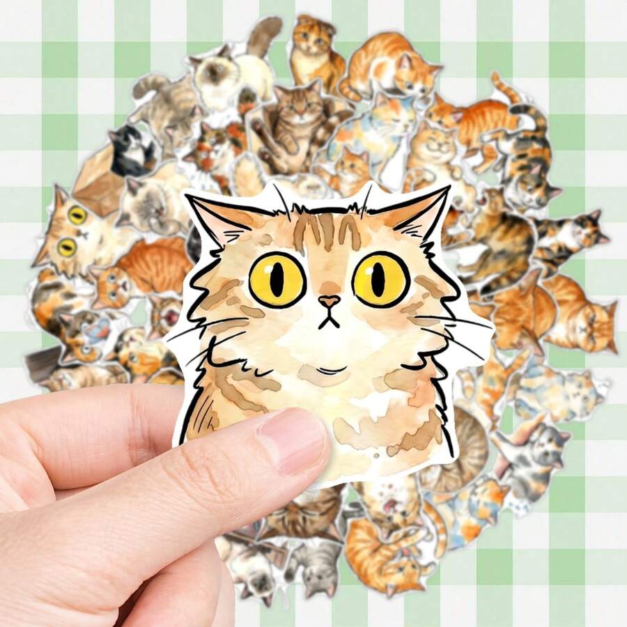 50Pcs Watercolor Cat Waterproof Vinyl Stickers, Hand Drawn Assorted Kitten Designs, Cute Pet Animal Decals, For Laptop, Water Bottle, Suitcase, Journal, Scrapbook, DIY Crafts & Gift Decor - Multicolor - View 1