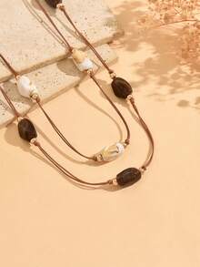 2pcs/Set Bohemian Style Asymmetrical Beaded Brown Rope Long Necklace, Fashionable Neck Jewelry For Women, Suitable For Daily Wear, Vacation, Travel And Party - Multicolor - View 3