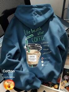 Men's Fleece Hoodie With Coffee Cup Graphic And Text "Life Begins After COFFEE" Y2K, Autumn/Winter - Cow Blue - View 2