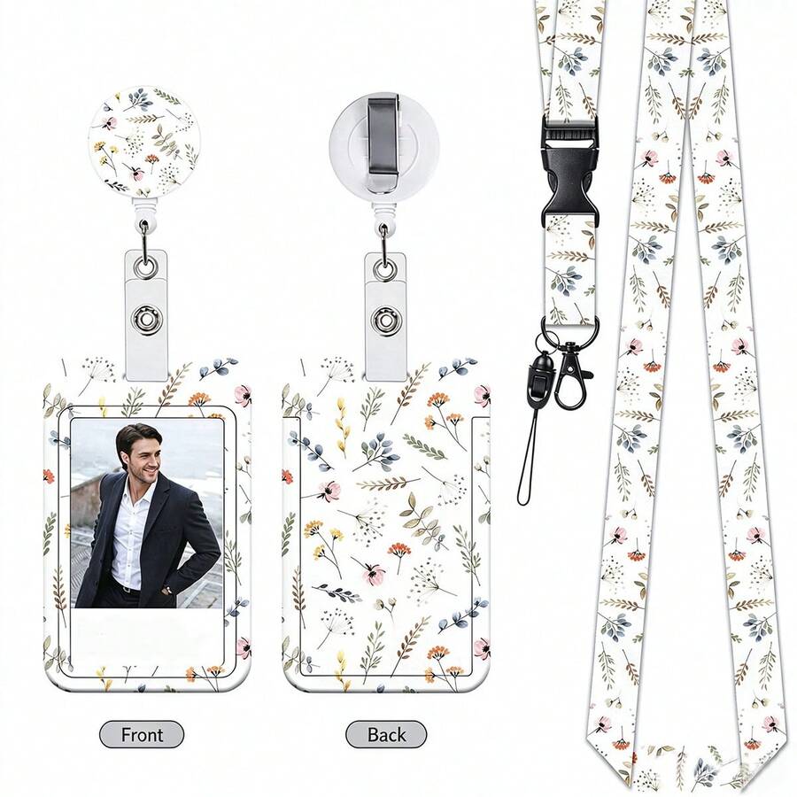 1pc Leaf Ditsy Floral ID Badge Set, Includes Badge Clip, Lanyard, Double-Sided Card Holder For Access Card, Suitable For Office Workers, Nurses, Teachers, Students, Nurse's Day Gift - Retractable Badge Reel + Card Holder + Lanyard - View 1