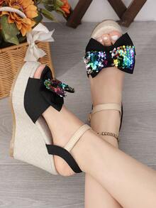 Women's Fashion Round Toe Open Toe Summer Plus Size Sequin Bow One-Strap Buckle Wedge Thick Sole Sandals - Black - View 6