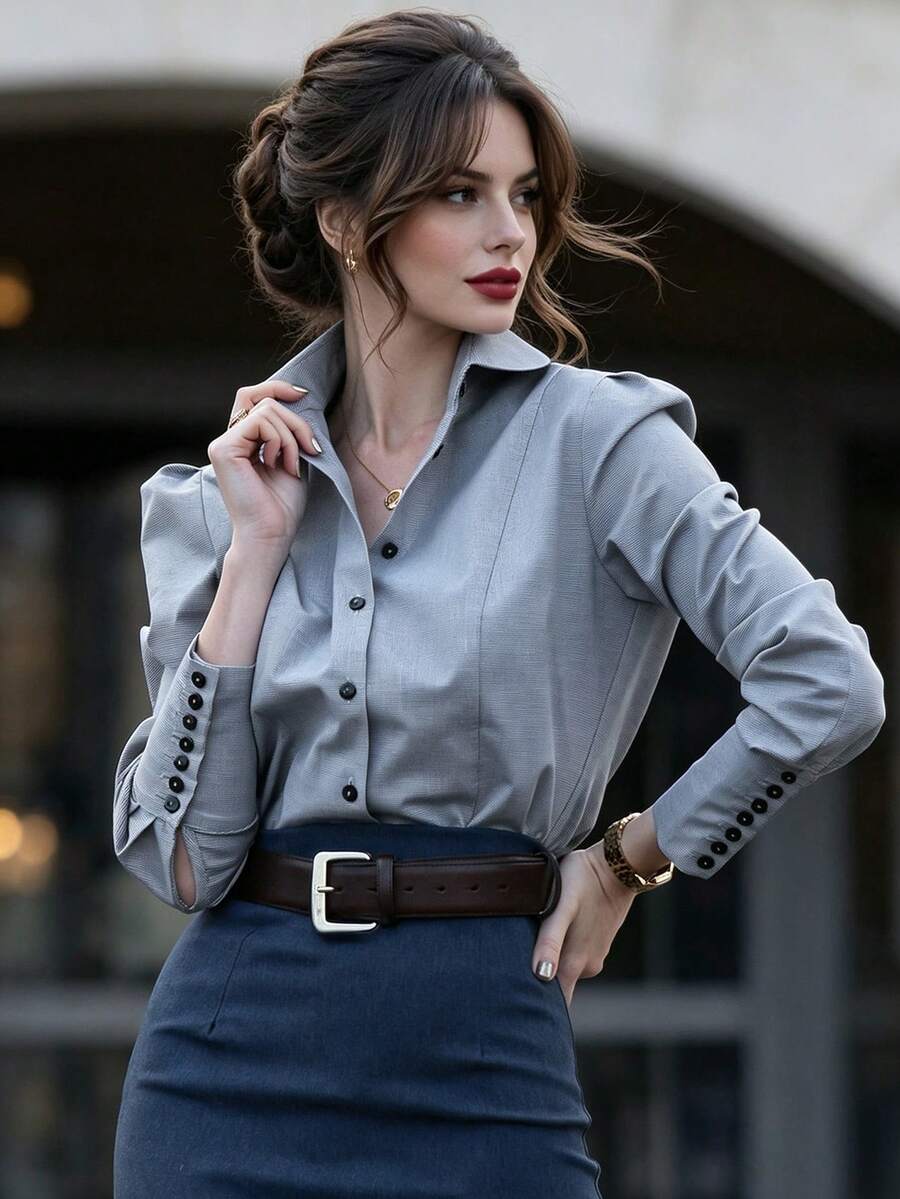DONICY Women's Elegant Long Sleeve Blouse, Textured Fabric,Lapel Collar Black Buttons And Split Cuffs,Suitable For Office And Formal Occasions, Autumn/Winter - Blue - View 1