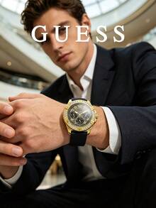 Guess Men's Rhinestone Ring Watch, Dark Dial With Warm Tone Finish, Rubber Strap, Three-Dial Analog Quartz Wristwatch, Anniversary Gift For Husband, Bold Style - one-size - View 3