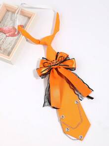 1Pc Women Orange Large Bow Pumpkin Lace Chain Pre-Tied Necktie Halloween Party Costume - Multicolor - View 6