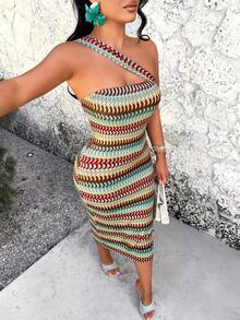 AIJ Autumn Sexy Digital Print One Shoulder Sleeveless Knit Midi Pencil Dress For Women, Elegant Party Dress, Wedding Guest Outfit, Vacation, Outing, Holiday Wear, Lightweight And Breathable Fabric, Random Floral Pattern - Multicolor - View 1