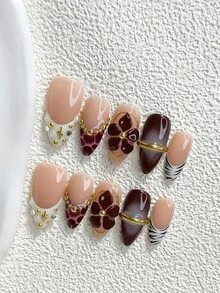 秋季 10 片裝復古風手工穿戴甲 Polygel 凝膠美甲套組，花卉、斑馬紋、紫色與白色，奢華風格，附美甲工具，3 種尺寸可選，杏仁甲、鴨嘴甲、棺材甲，適用派對、跳舞、日常穿著（手工細節可能有所不同） - 彩色 - 查看 12