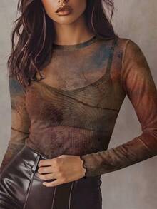 Women Vintage Distressed Gradient Texture Mesh Long Sleeve Top, Crew Neck Sheer See Through Slim Fit Shirt, Ruffle Cuff Y2K Retro Blouse - Multicolor - View 1