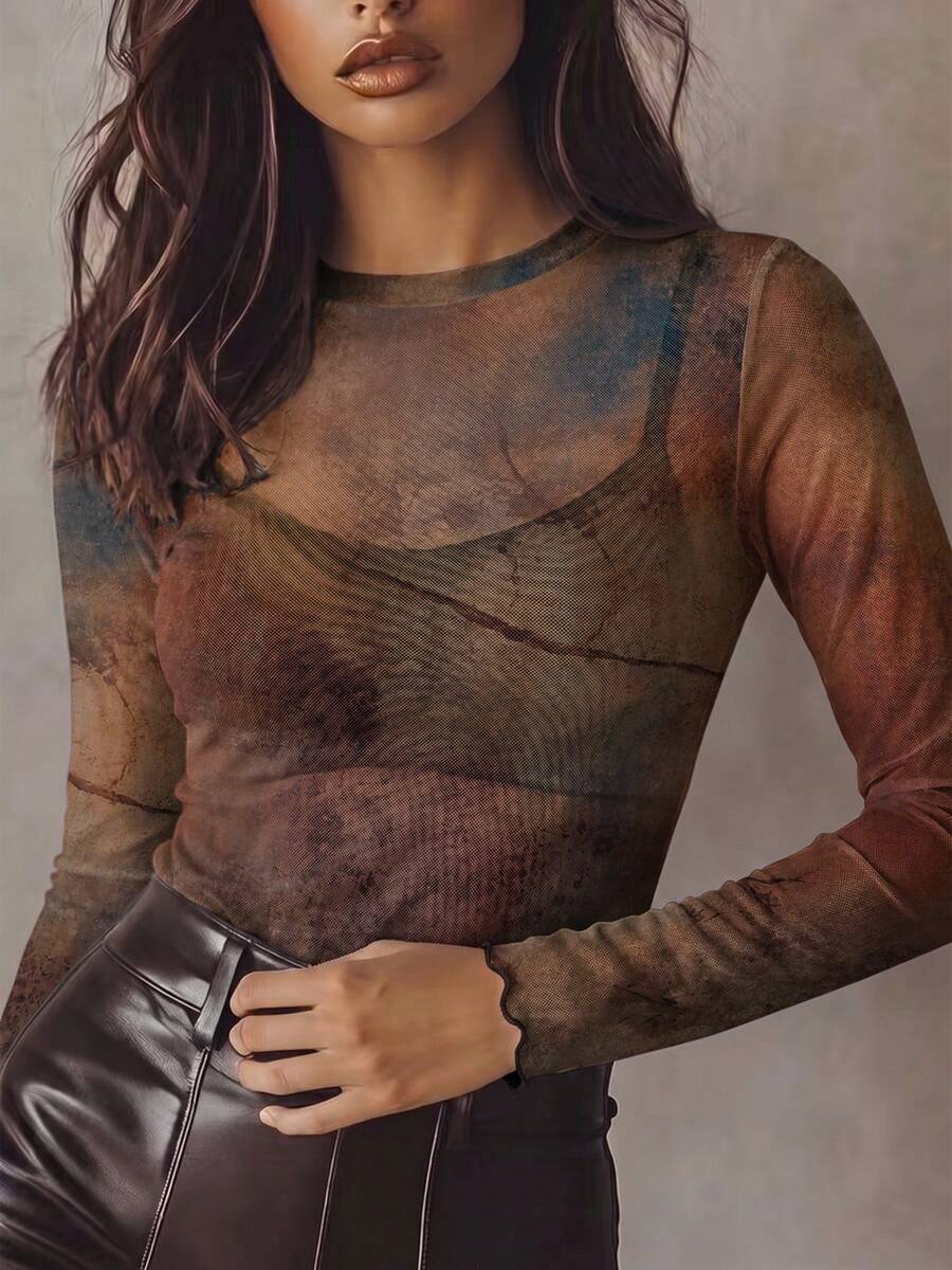 Women Vintage Distressed Gradient Texture Mesh Long Sleeve Top, Crew Neck Sheer See Through Slim Fit Shirt, Ruffle Cuff Y2K Retro Blouse - Multicolor - View 1