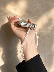 Minimalist Oval Faux Pearl Beaded Wrist Phone Lanyard, Gentle Elegant Style Anti-Loss Wrist Strap, Spring Buckle Design Detachable, Multi-Functional Accessory, Can Be Paired With Phone Case, Keys, Handbag, Versatile Daily Decorative Charm For Women - White - View 1