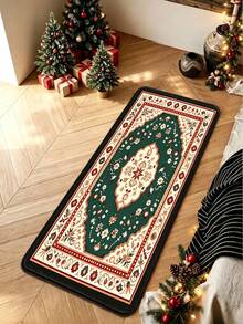 1pc Christmas Green Bohemian Floral Pattern Kitchen Mat, Soft Touch Absorbent Home Entrance Hallway Rug, Easy To Clean Washable Area Rug, Kitchen Runner Carpet, Suitable For Kitchen, Bathroom, Entrance, Laundry Room, Hallway, Bedroom, Living Room Decor, All Season, Great Gift - View 1