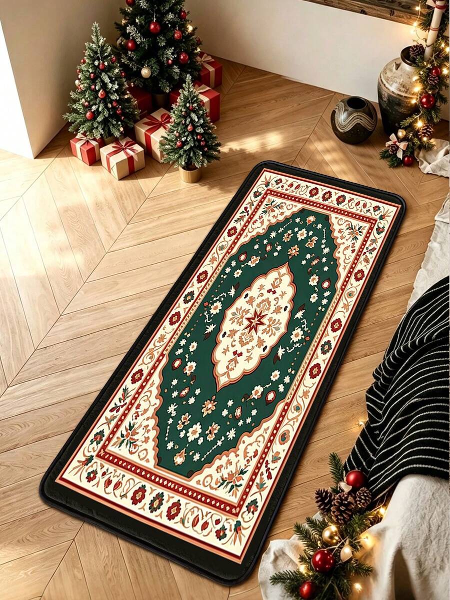 1pc Christmas Green Bohemian Floral Pattern Kitchen Mat, Soft Touch Absorbent Home Entrance Hallway Rug, Easy To Clean Washable Area Rug, Kitchen Runner Carpet, Suitable For Kitchen, Bathroom, Entrance, Laundry Room, Hallway, Bedroom, Living Room Decor, All Season, Great Gift - View 1