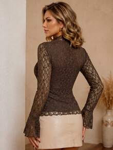 Women's Autumn Coffee Brown Lace Semi-High Neck Base Layer Top, Flared Sleeves Hollow-Out Slim Fit Blouse, Elegant For Daily Commute And Dating - Coffee - View 4