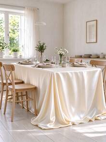 102 X 58 Inch Satin Tablecloth, Rectangular Bed Skirt, Silky Fabric, Champagne Color Party Tablecloth Suitable For Rectangular Dining Tables, Parties, Holidays, Weddings (Ivory White) - Beige - View 2