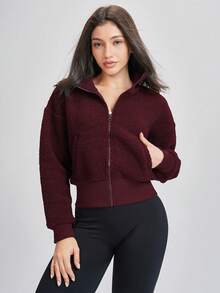 26AW New - Women's High-Neck Jacket With Ribbed Elasticated Hem And Pockets At The Waist, Suitable For Daily Casual Wear In Autumn And Winter - Burgundy - View 10