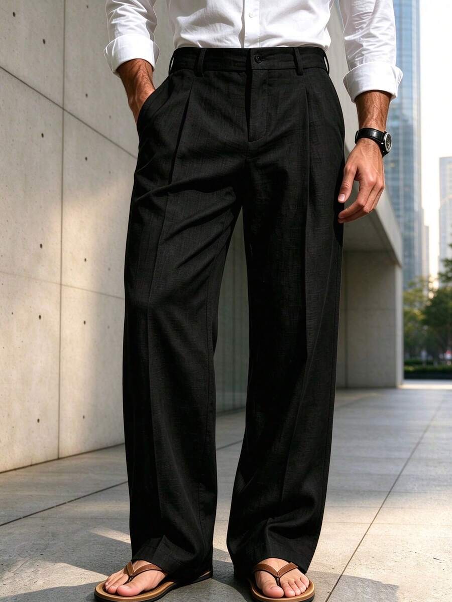 Men's Solid Color Straight Leg Casual Pants With Pockets, Daily Commute, Vacation Leisure - Black - View 1