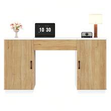 Modern Office Furniture Set And Desk With Filing Cabinet – 140cm Computer Desk With Fold-Down Compartment, Lower Cabinets And Fluted Design, Wood And White Look, Ample Workspace For Home And Office - White + Oak - View 7