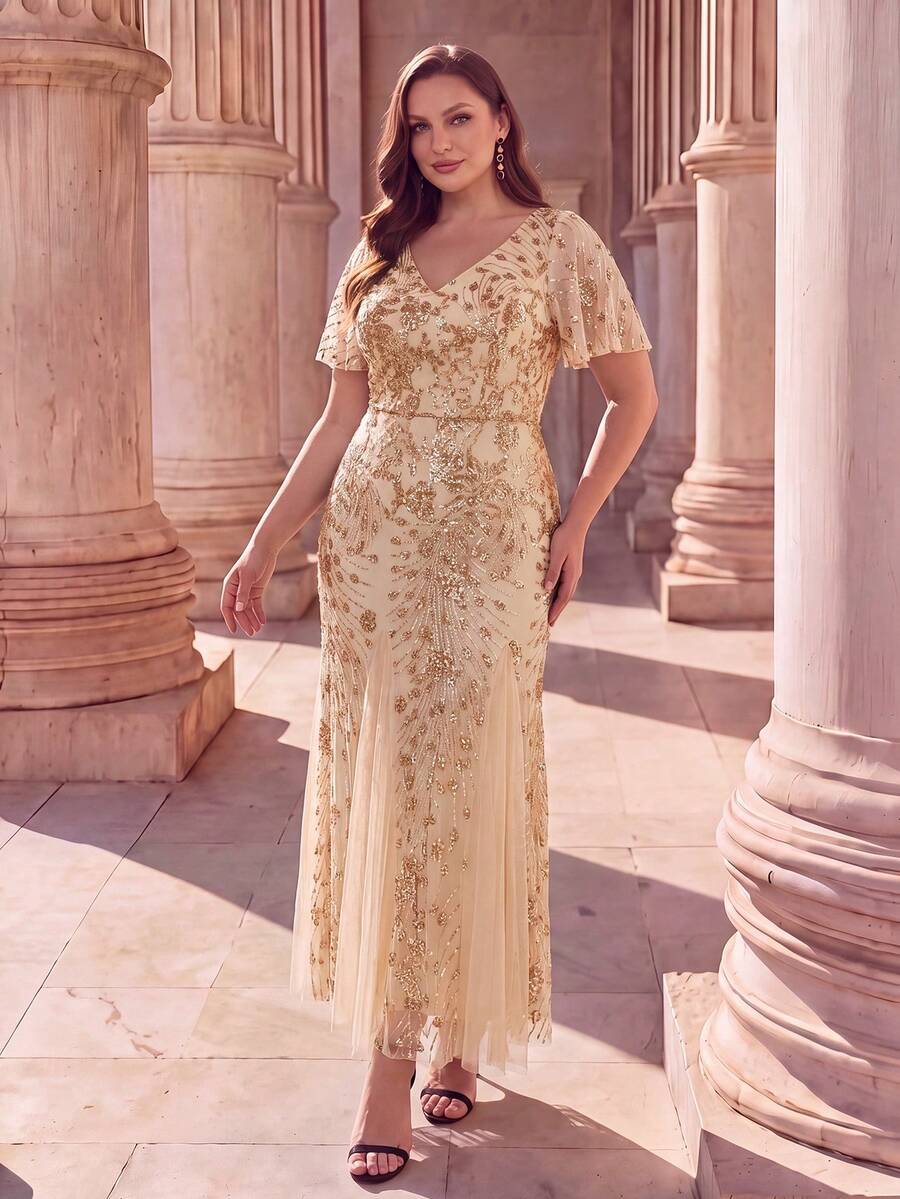 EVERPRETTY Elegant And Charming Women's Evening Gown, V-Neck High Slit Waist Ruched Sequin Gold Dress, Suitable For Valentine's Day Gala, Semi-Formal Occasions