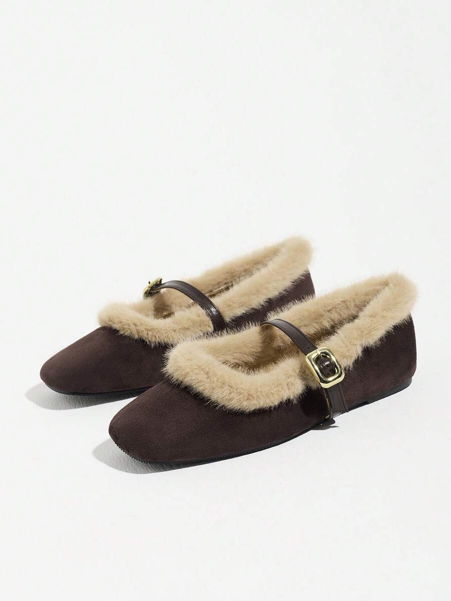 Deep Brown Suede Fur Trim Mary Jane Flat Shoes Women Autumn/Winter Warm ...