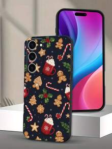 1pc TPU Dark Background Christmas Gingerbread Man Print Phone Case, Cute Hot Cocoa Candy Cane Holly Berry Pattern Shockproof Soft Protective Phone Cover, Compatible With Samsung, Series Phones - Black - View 3