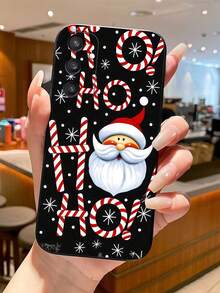 1pc TPU Black Background Santa Claus Print Phone Case, HoHoHo Candy Cane Letter Snowflake Pattern Anti-Drop Soft Protective Phone Case, Compatible With Samsung, Moto, Series Phones - Black - View 2