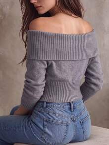 Women's Mohair Knit Sweater, Oversized Collar Pullover, French Elegant Soft Design, Cold Shoulder, Solid Color Versatile Top - Grey - View 2