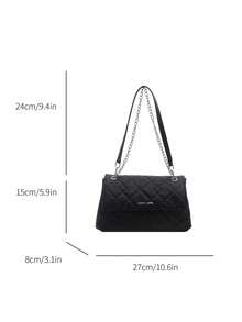 Tas Bahu Model Flap PU Warna Polos, Tali Rantai Logam, Cocok untuk Wanita Berbelanja, Kencan, Hadiah, dan Penggunaan Sehari-hari - Hitam - View 2