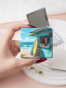 1PC Ins Landscape Series Portable Vanity Mirror, Foldable Lightweight Ultra-Thin Convenient Hand Mirror, PU Leather, Suitable For Multiple Scenarios And All People, Foldable Small Square Mirror, Pocket Mirror, Fresh Ocean Sailboat Beach Printed Pattern Design, Exquisite Handheld 180° Flip Cover Multi-Function Mini Mirror - Multicolor - View 9
